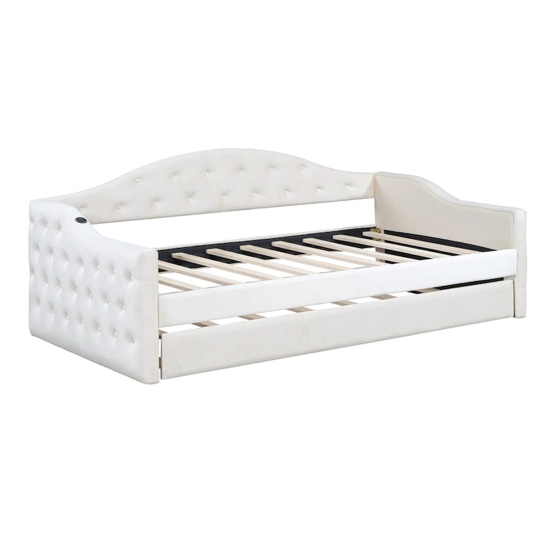 Lit de repos capitonné en velours beige avec lit gigogne, taille double, pour 2 personnes, chargement USB-C