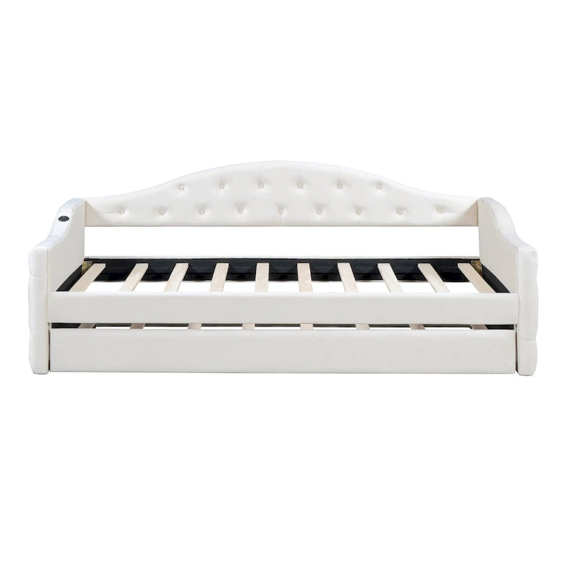 Lit de repos capitonné en velours beige avec lit gigogne, taille double, pour 2 personnes, chargement USB-C