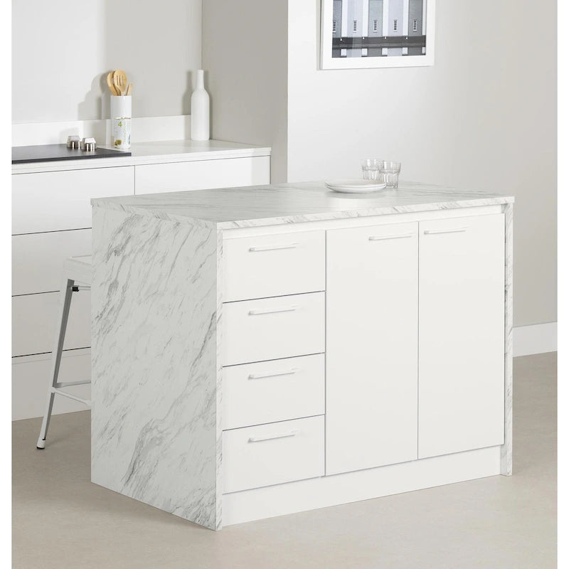 Îlot de cuisine 2 places en chêne gris et blanc avec 4 tiroirs, style contemporain