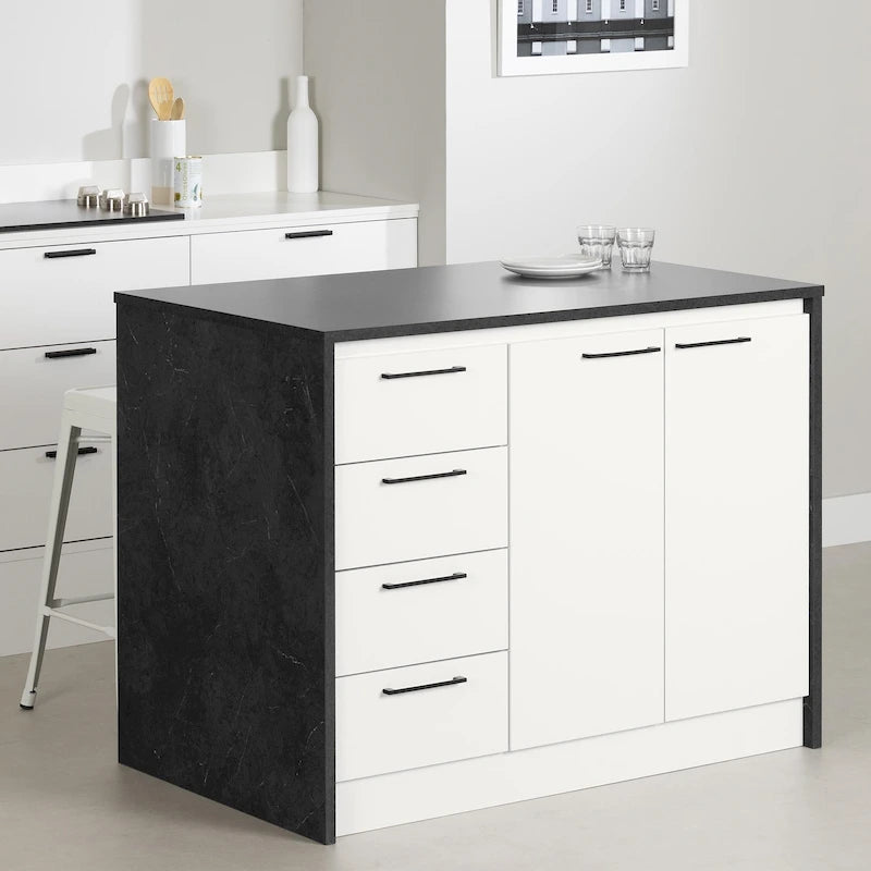 Îlot de cuisine 2 places en chêne gris et blanc avec 4 tiroirs, style contemporain