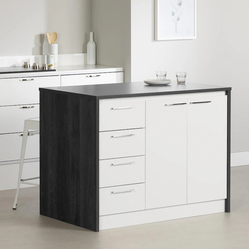 Îlot de cuisine 2 places en chêne gris et blanc avec 4 tiroirs, style contemporain
