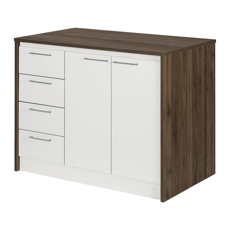 Îlot de cuisine 2 places en chêne gris et blanc avec 4 tiroirs, style contemporain