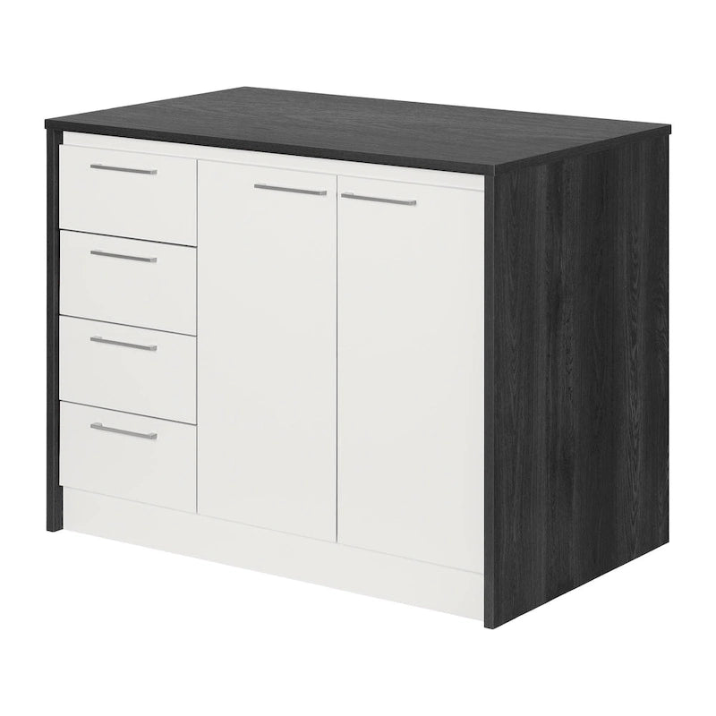 Îlot de cuisine 2 places en chêne gris et blanc avec 4 tiroirs, style contemporain
