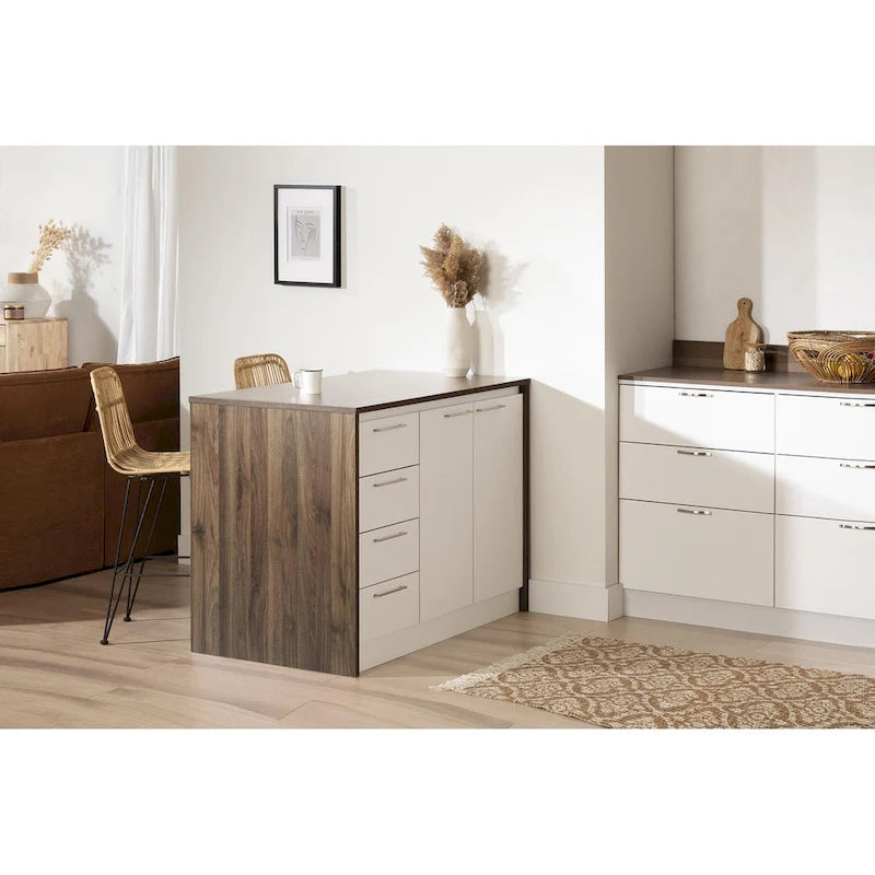 Îlot de cuisine 2 places en chêne gris et blanc avec 4 tiroirs, style contemporain