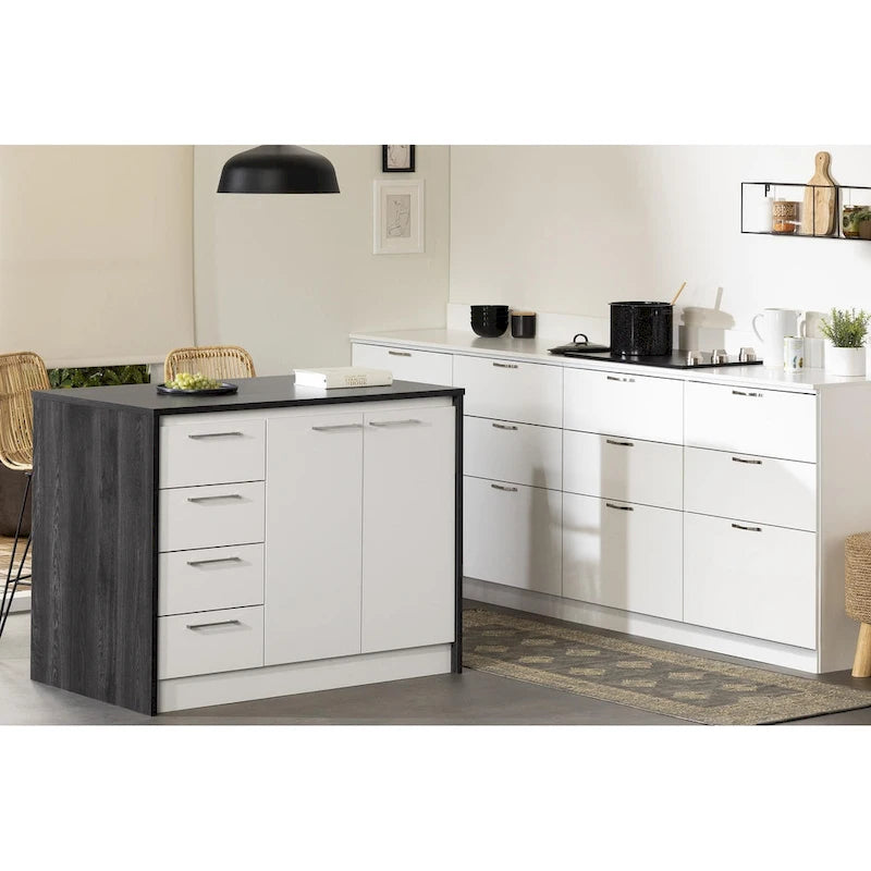 Îlot de cuisine 2 places en chêne gris et blanc avec 4 tiroirs, style contemporain