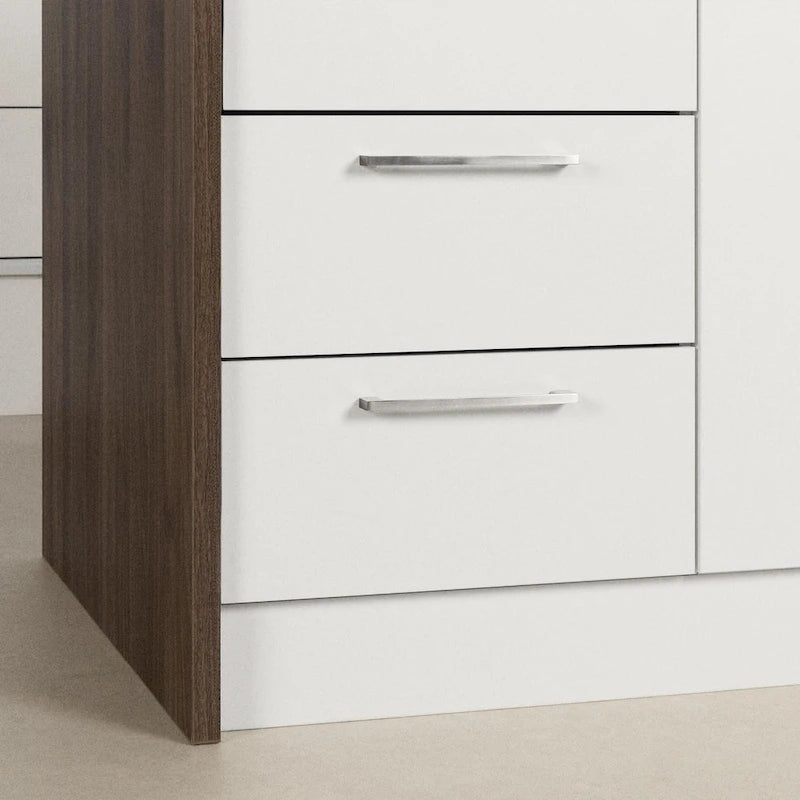Îlot de cuisine 2 places en chêne gris et blanc avec 4 tiroirs, style contemporain