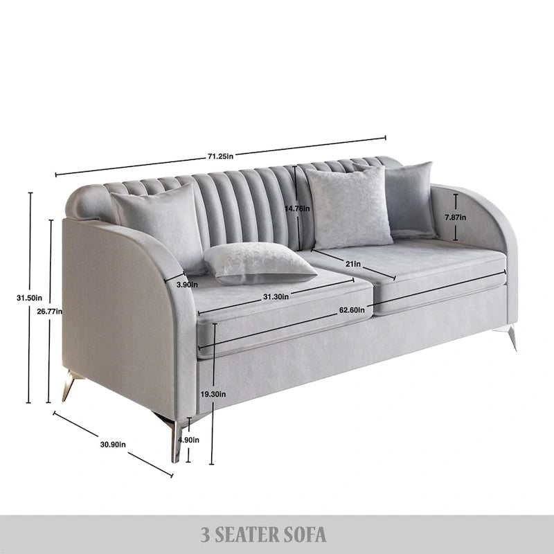 Canapé 3 places touffeté en velours gris argenté