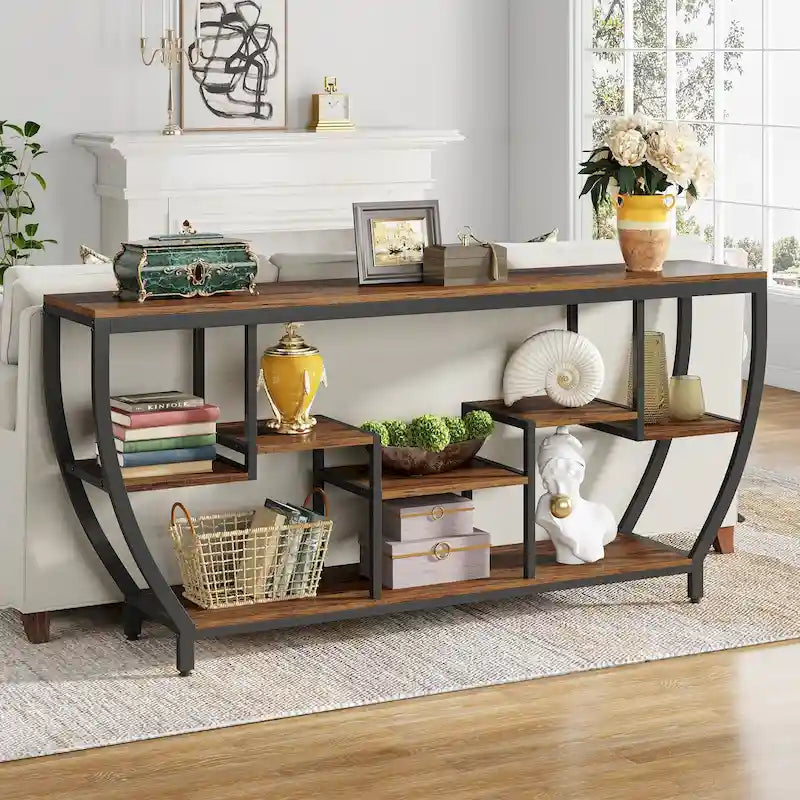 Table Console Industrielle Marron Rustique/Grise/Noir-Brun avec 7 Étagères, Montage par 1 Personne