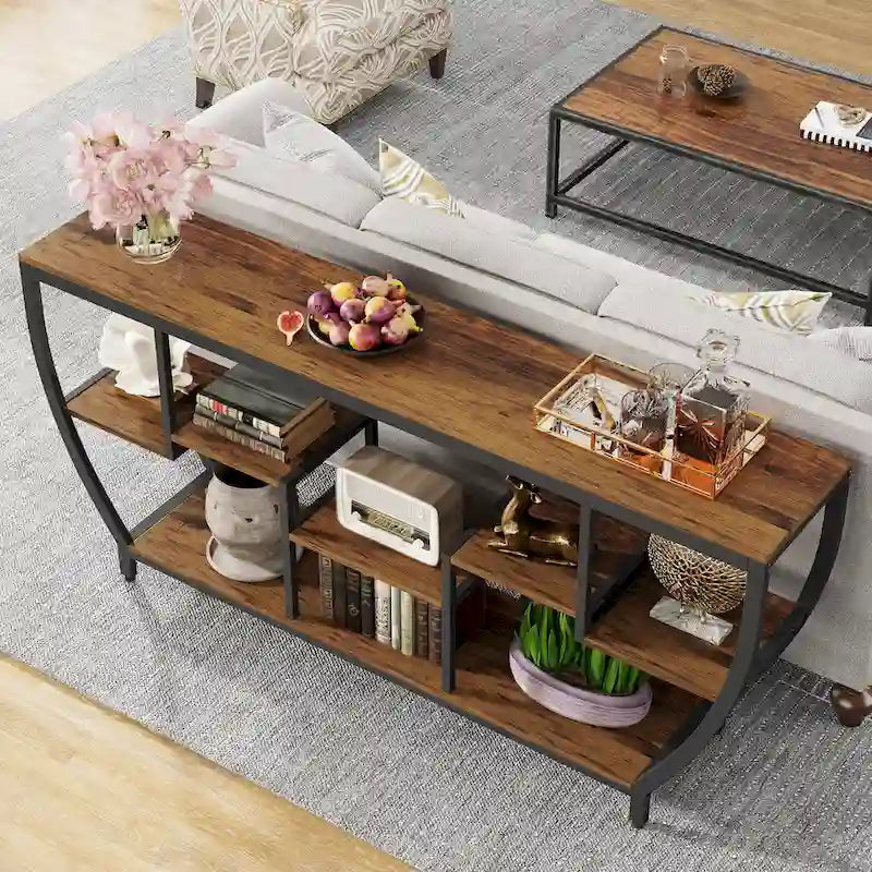 Table Console Industrielle Marron Rustique/Grise/Noir-Brun avec 7 Étagères, Montage par 1 Personne