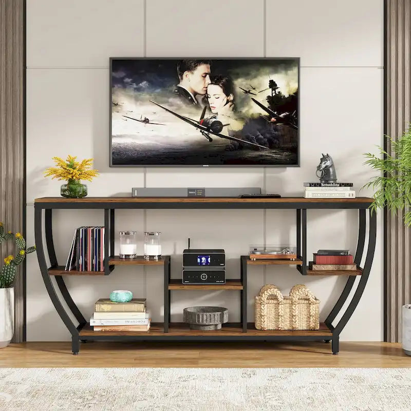 Table Console Industrielle Marron Rustique/Grise/Noir-Brun avec 7 Étagères, Montage par 1 Personne