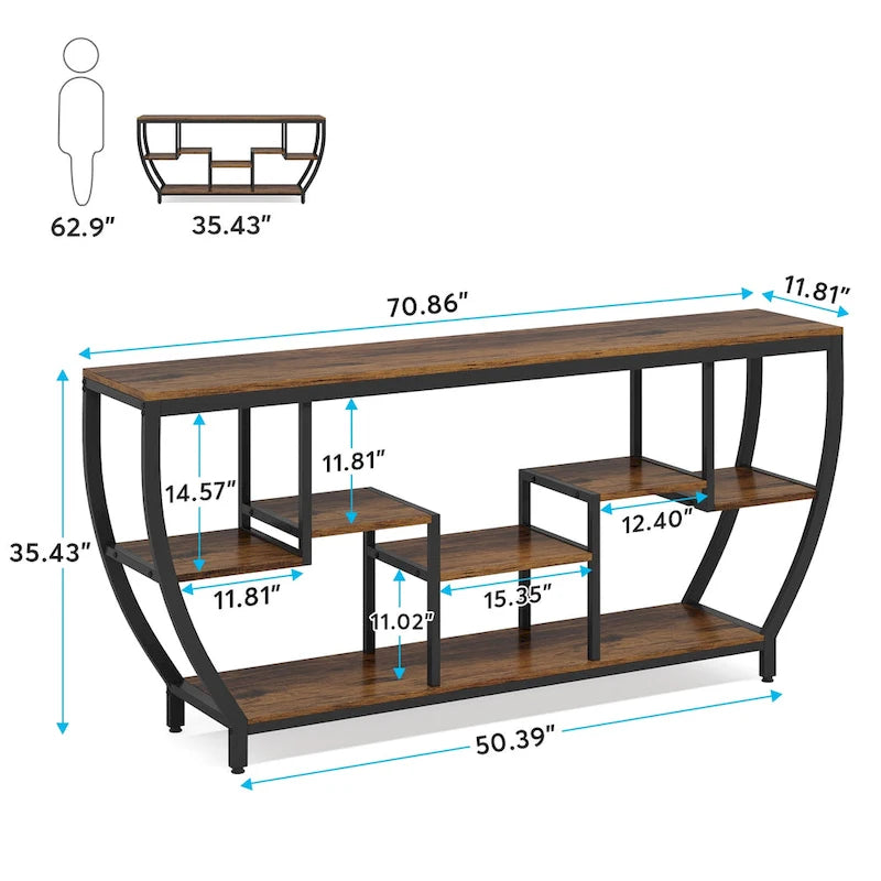 Table Console Industrielle Marron Rustique/Grise/Noir-Brun avec 7 Étagères, Montage par 1 Personne