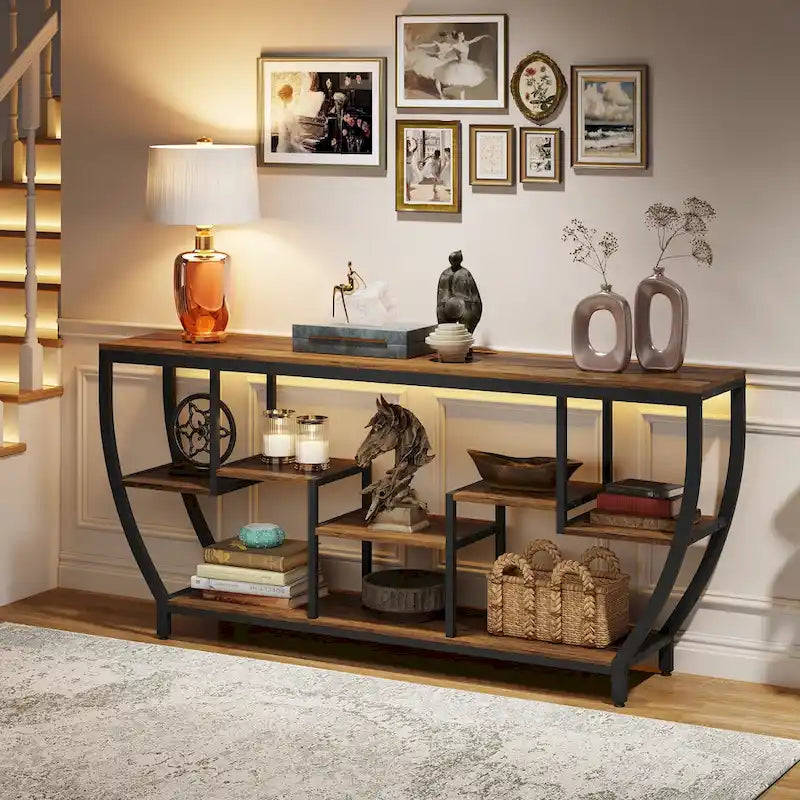 Table Console Industrielle Marron Rustique/Grise/Noir-Brun avec 7 Étagères, Montage par 1 Personne