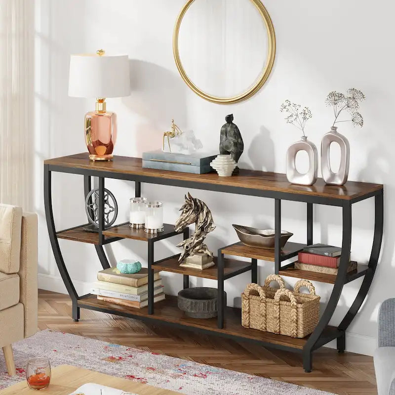 Table Console Industrielle Marron Rustique/Grise/Noir-Brun avec 7 Étagères, Montage par 1 Personne