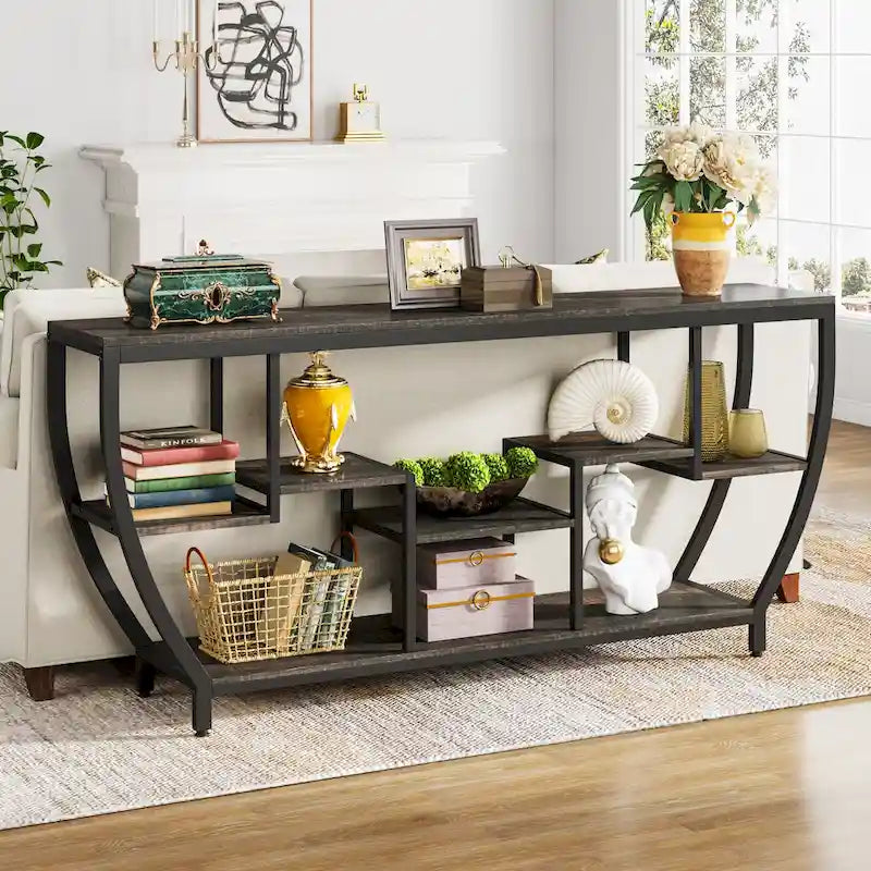Table Console Industrielle Marron Rustique/Grise/Noir-Brun avec 7 Étagères, Montage par 1 Personne