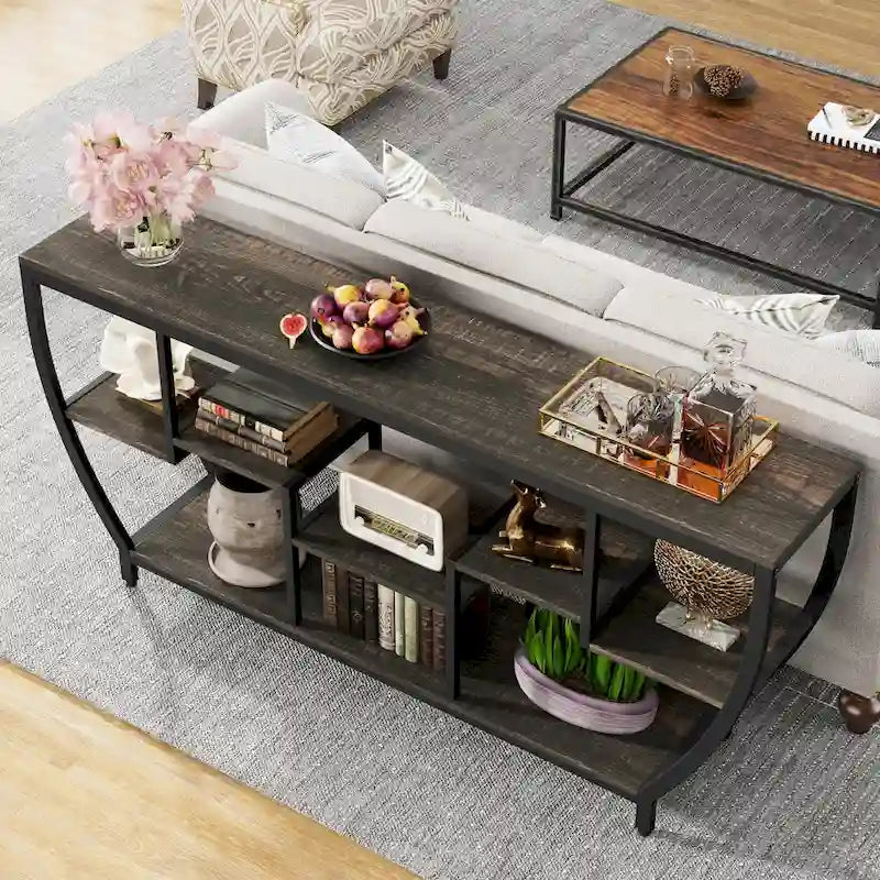 Table Console Industrielle Marron Rustique/Grise/Noir-Brun avec 7 Étagères, Montage par 1 Personne
