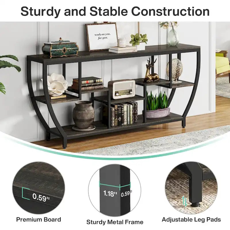 Table Console Industrielle Marron Rustique/Grise/Noir-Brun avec 7 Étagères, Montage par 1 Personne