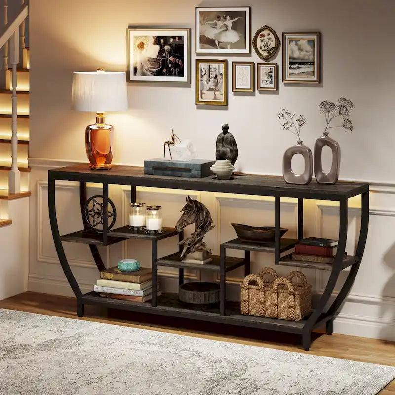 Table Console Industrielle Marron Rustique/Grise/Noir-Brun avec 7 Étagères, Montage par 1 Personne