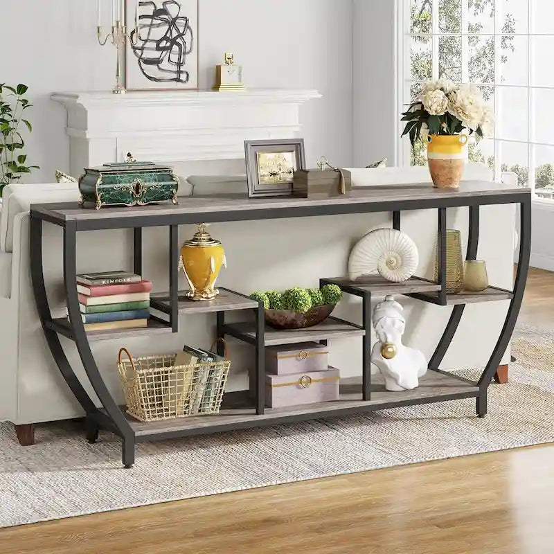Table Console Industrielle Marron Rustique/Grise/Noir-Brun avec 7 Étagères, Montage par 1 Personne