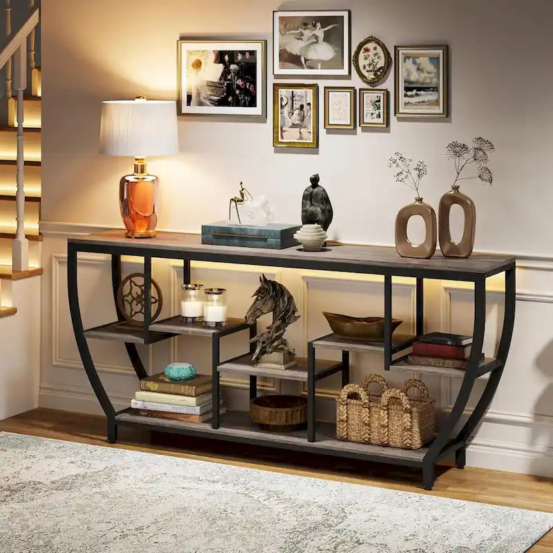Table Console Industrielle Marron Rustique/Grise/Noir-Brun avec 7 Étagères, Montage par 1 Personne