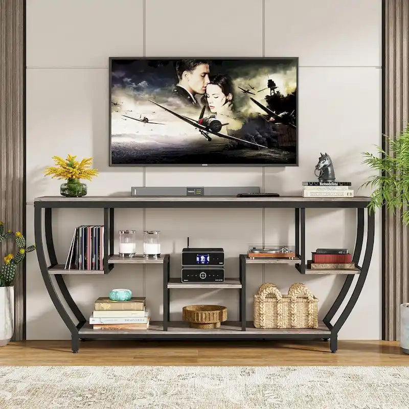 Table Console Industrielle Marron Rustique/Grise/Noir-Brun avec 7 Étagères, Montage par 1 Personne