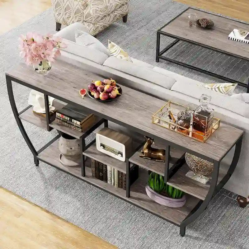 Table Console Industrielle Marron Rustique/Grise/Noir-Brun avec 7 Étagères, Montage par 1 Personne