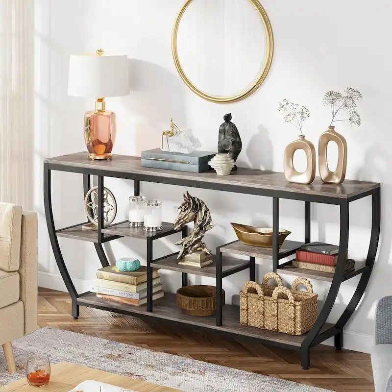 Table Console Industrielle Marron Rustique/Grise/Noir-Brun avec 7 Étagères, Montage par 1 Personne
