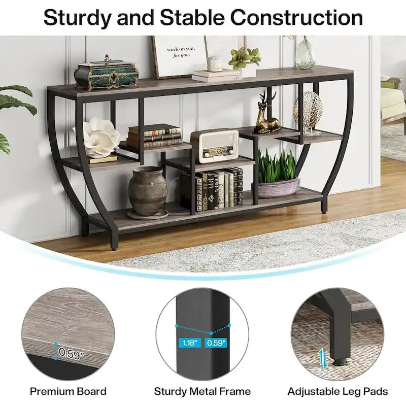 Table Console Industrielle Marron Rustique/Grise/Noir-Brun avec 7 Étagères, Montage par 1 Personne