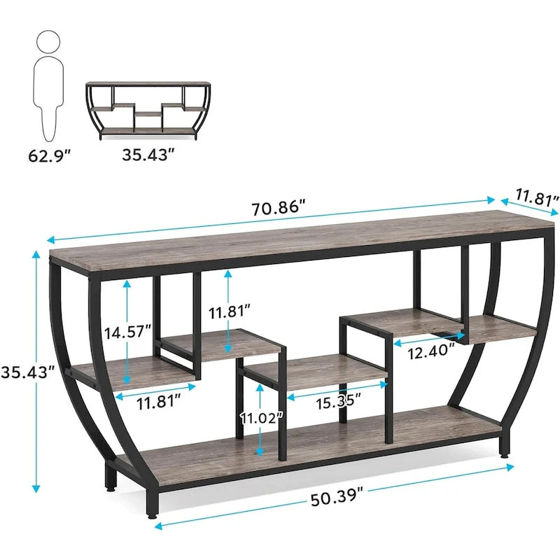 Table Console Industrielle Marron Rustique/Grise/Noir-Brun avec 7 Étagères, Montage par 1 Personne