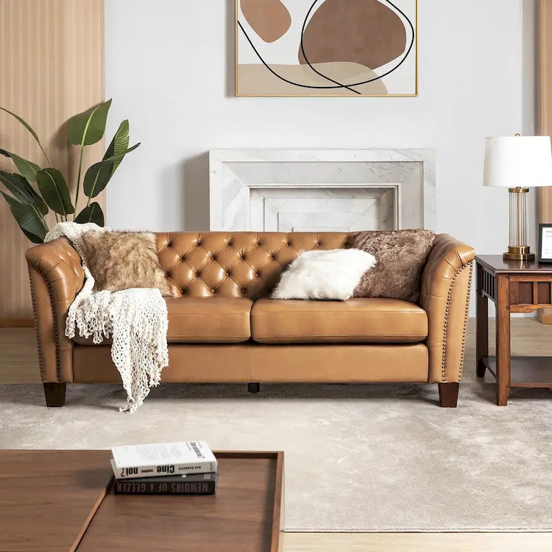 Canapé Chesterfield 3 places en cuir véritable touffeté, Camel / Noir / Bordeaux, 210 cm