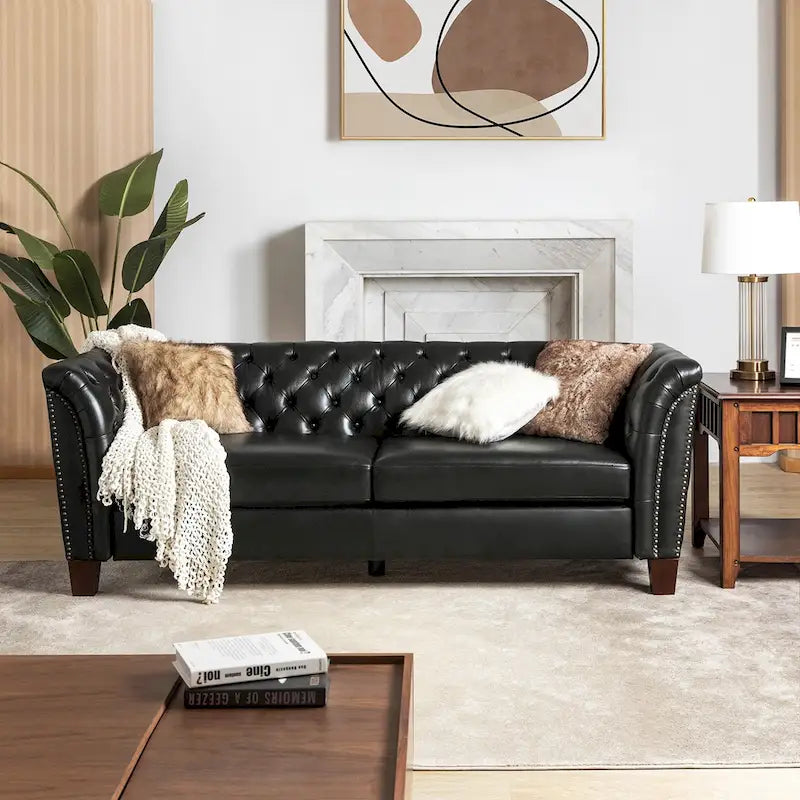 Canapé Chesterfield 3 places en cuir véritable touffeté, Camel / Noir / Bordeaux, 210 cm