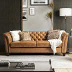 Canapé Chesterfield 3 places en cuir véritable touffeté, Camel / Noir / Bordeaux, 210 cm