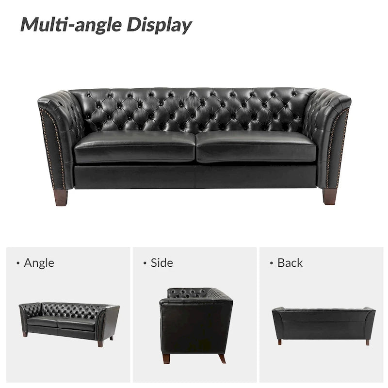 Canapé Chesterfield 3 places en cuir véritable touffeté, Camel / Noir / Bordeaux, 210 cm