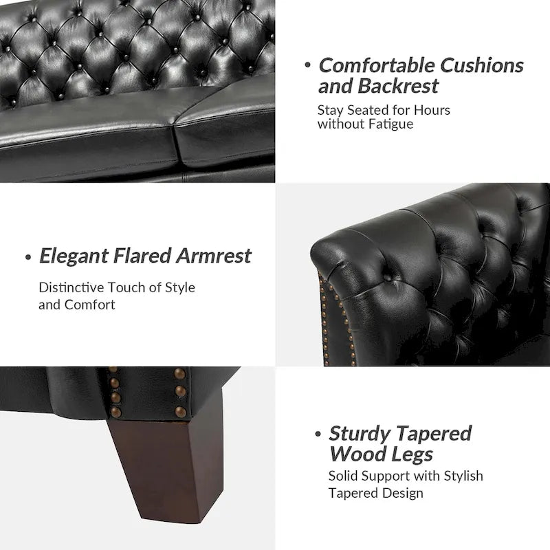 Canapé Chesterfield 3 places en cuir véritable touffeté, Camel / Noir / Bordeaux, 210 cm