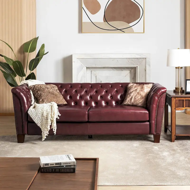Canapé Chesterfield 3 places en cuir véritable touffeté, Camel / Noir / Bordeaux, 210 cm