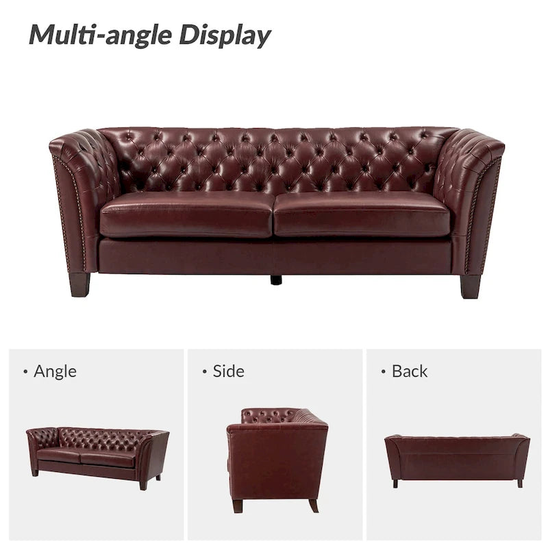 Canapé Chesterfield 3 places en cuir véritable touffeté, Camel / Noir / Bordeaux, 210 cm