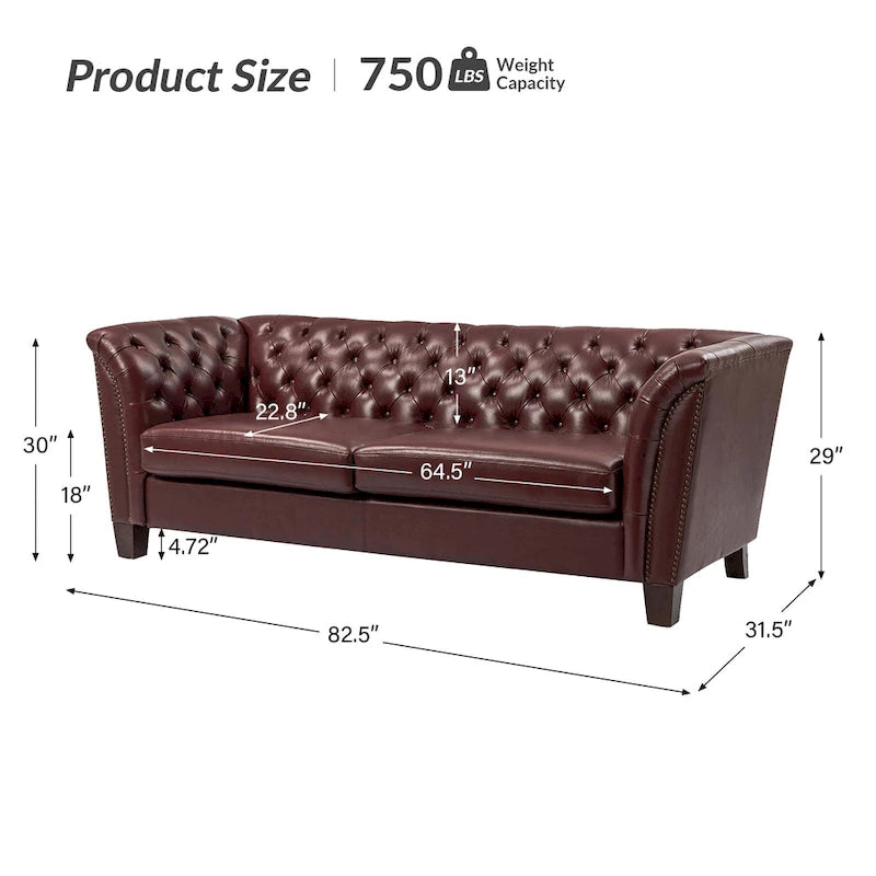 Canapé Chesterfield 3 places en cuir véritable touffeté, Camel / Noir / Bordeaux, 210 cm
