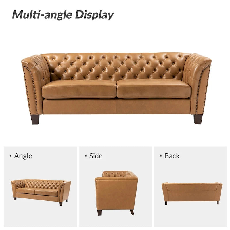 Canapé Chesterfield 3 places en cuir véritable touffeté, Camel / Noir / Bordeaux, 210 cm
