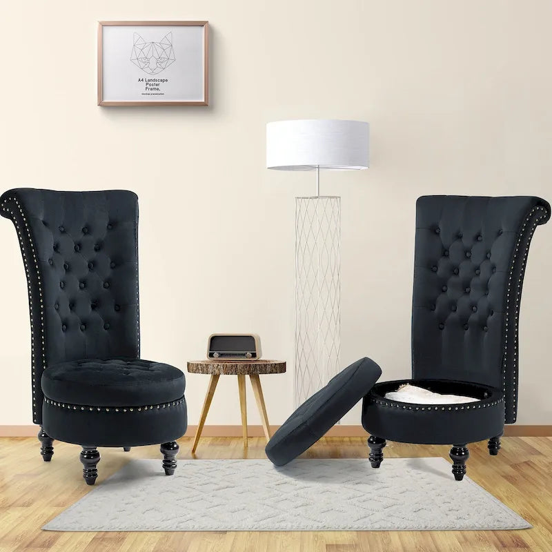 Fauteuil d'appoint dossier haut en velours bleu / blanc / noir / gris avec rangement, lot de 2, sans accoudoirs