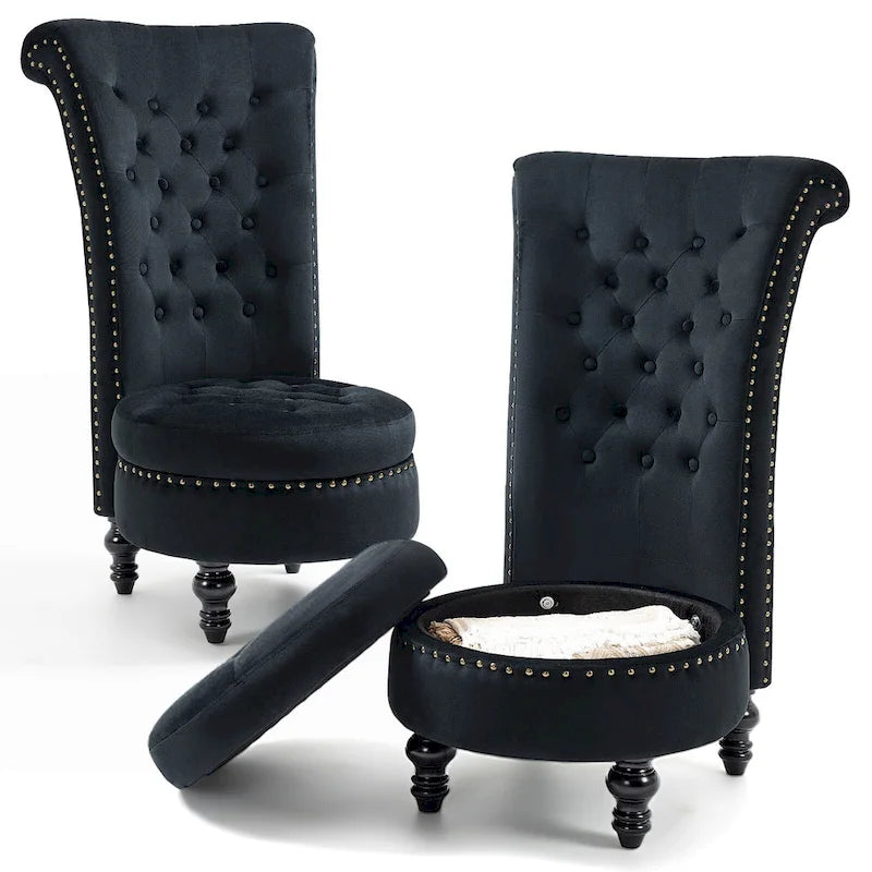 Fauteuil d'appoint dossier haut en velours bleu / blanc / noir / gris avec rangement, lot de 2, sans accoudoirs