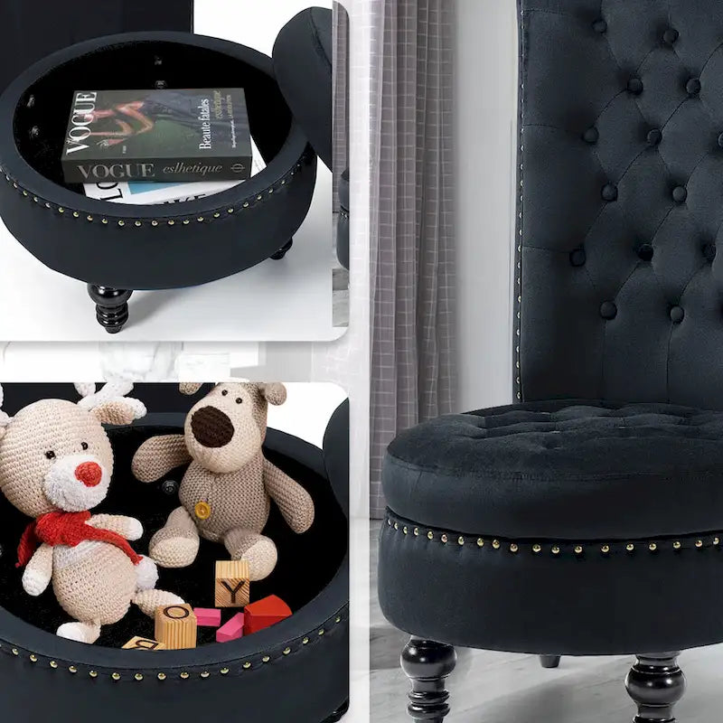 Fauteuil d'appoint dossier haut en velours bleu / blanc / noir / gris avec rangement, lot de 2, sans accoudoirs