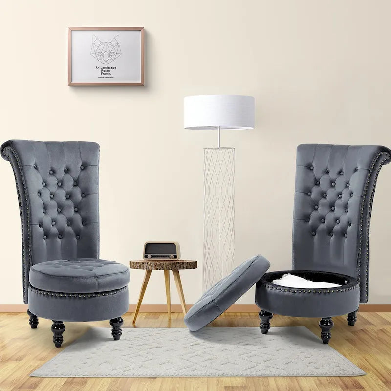 Fauteuil d'appoint dossier haut en velours bleu / blanc / noir / gris avec rangement, lot de 2, sans accoudoirs