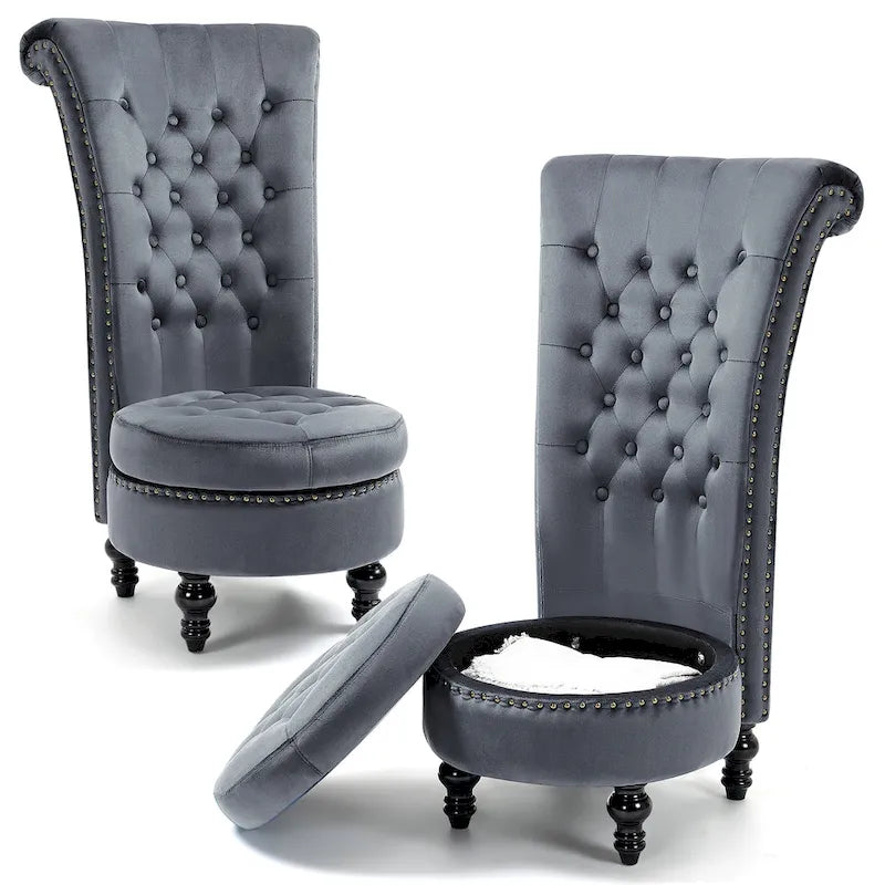 Fauteuil d'appoint dossier haut en velours bleu / blanc / noir / gris avec rangement, lot de 2, sans accoudoirs