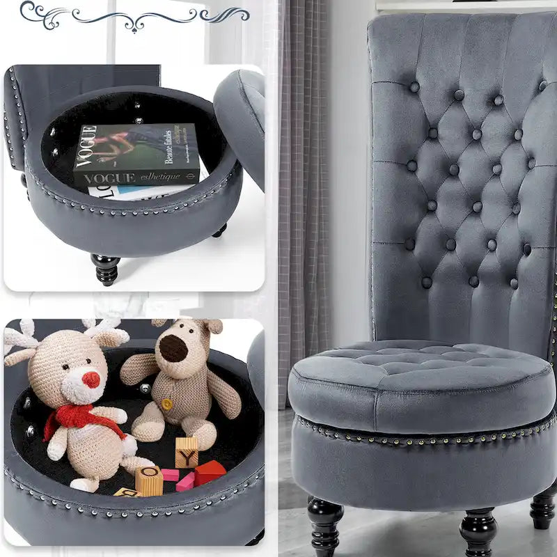 Fauteuil d'appoint dossier haut en velours bleu / blanc / noir / gris avec rangement, lot de 2, sans accoudoirs