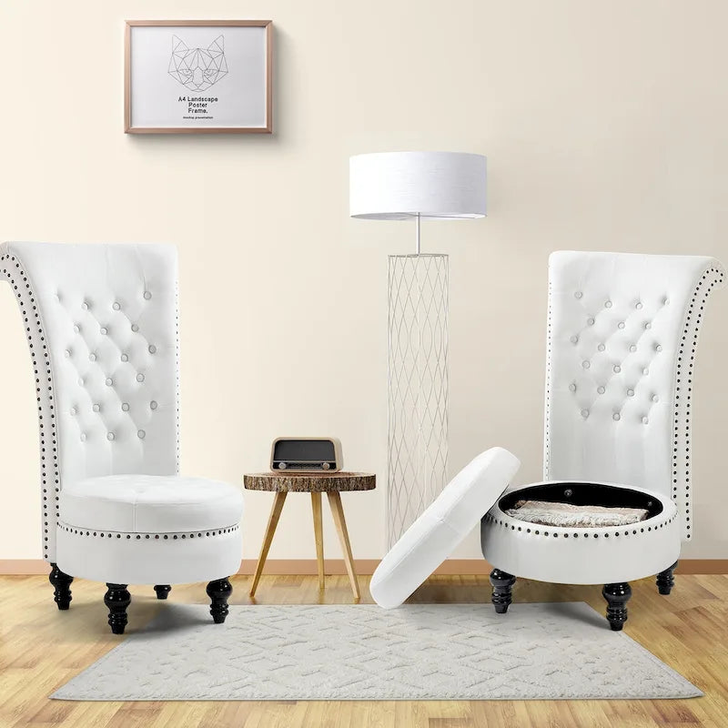 Fauteuil d'appoint dossier haut en velours bleu / blanc / noir / gris avec rangement, lot de 2, sans accoudoirs