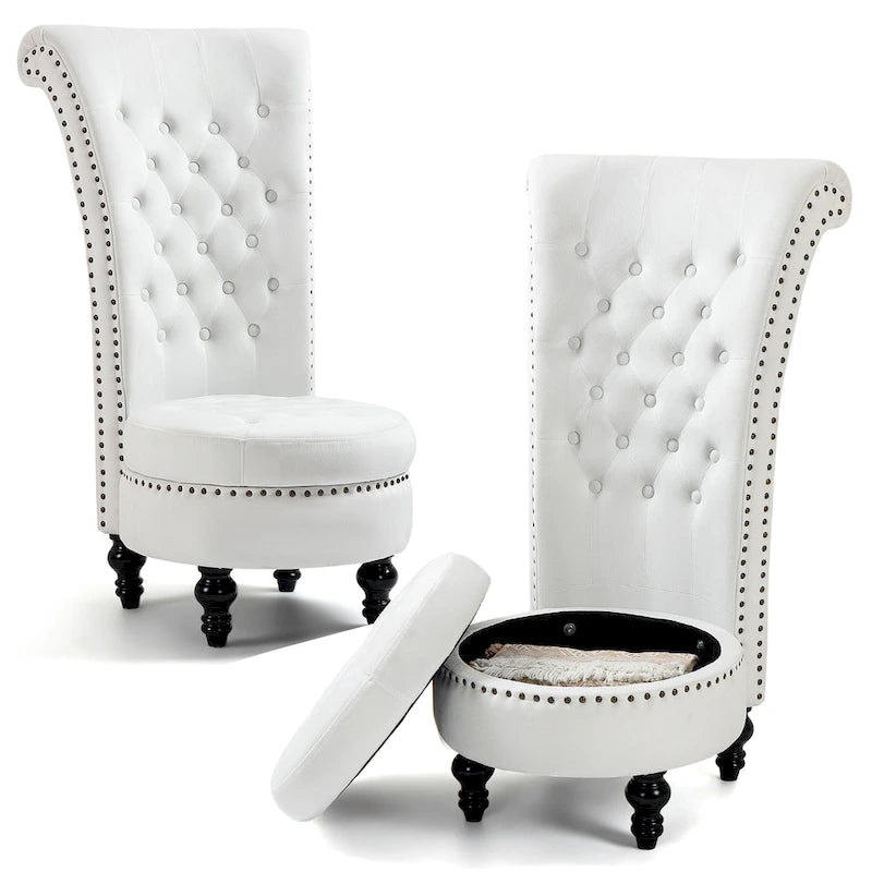 Fauteuil d'appoint dossier haut en velours bleu / blanc / noir / gris avec rangement, lot de 2, sans accoudoirs