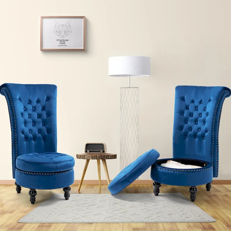 Fauteuil d'appoint dossier haut en velours bleu / blanc / noir / gris avec rangement, lot de 2, sans accoudoirs