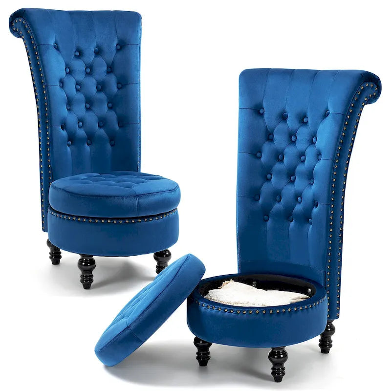 Fauteuil d'appoint dossier haut en velours bleu / blanc / noir / gris avec rangement, lot de 2, sans accoudoirs