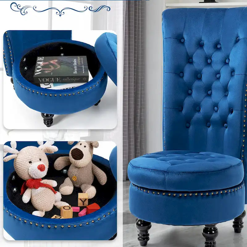 Fauteuil d'appoint dossier haut en velours bleu / blanc / noir / gris avec rangement, lot de 2, sans accoudoirs