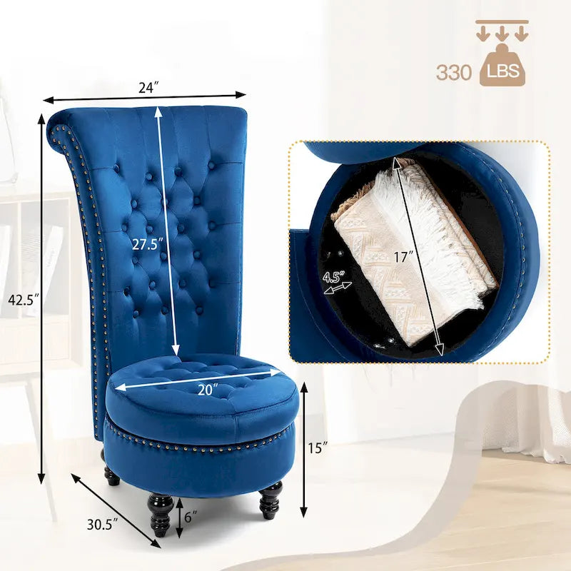 Fauteuil d'appoint dossier haut en velours bleu / blanc / noir / gris avec rangement, lot de 2, sans accoudoirs