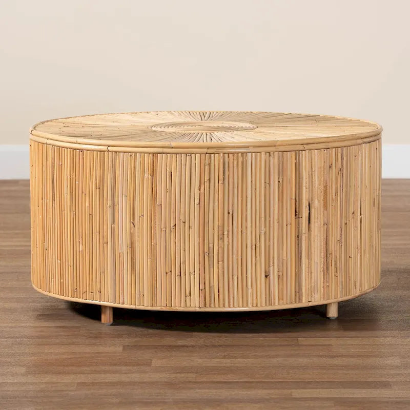 Table basse ronde en rotin, Miel clair, Plateau en osier, Utilisation 1 personne